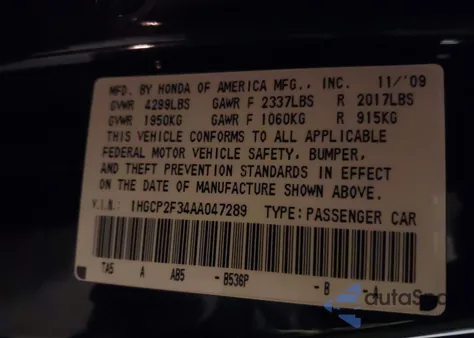 2010 Honda Accord 2.4 Lx из США, поврежденный, VIN 1HGCP2F34AA047289